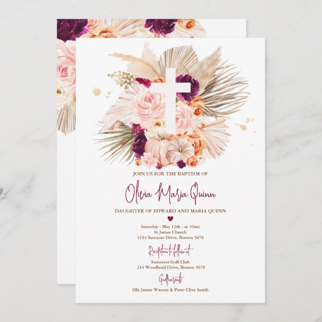 Convites Pampas Grass Boho Fall Pumpkin Baptism Christening (Frente/Verso)