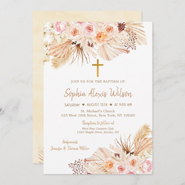 Convites Pampas Grass Boho Floral Baptism (Frente/Verso)