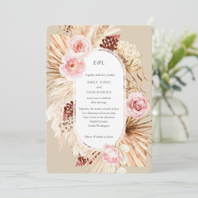 Convites Pampas Grass Boho Watercolor Beige Wedding (Em pé/Frente)