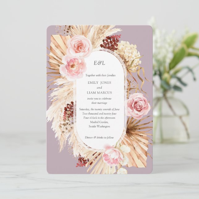 Convites Pampas Grass Boho Watercolor Mauve Floral Weds (Em pé/Frente)
