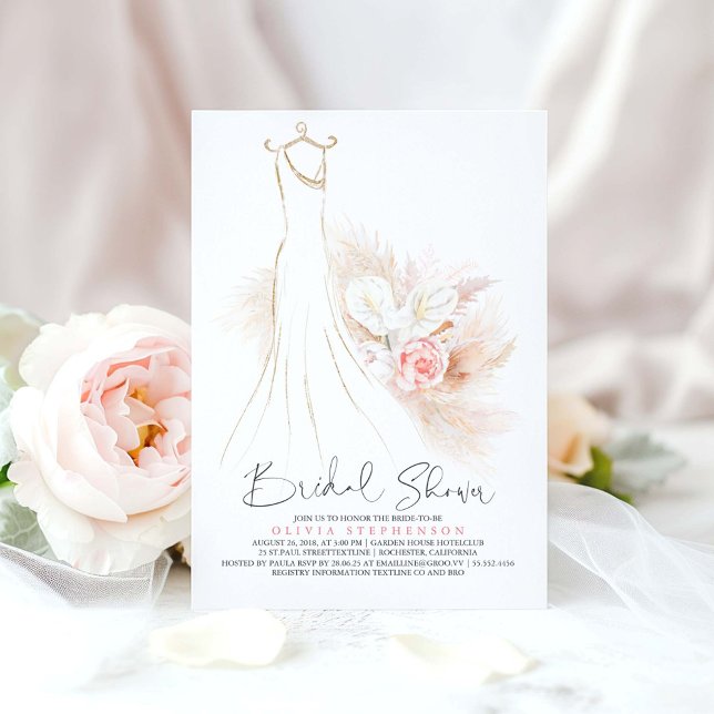 Convites Pampas Grass e Chá de panela de Vestido de Casamen (Pampas Grass and Blush Flowers Dress Bridal Shower Invitations)