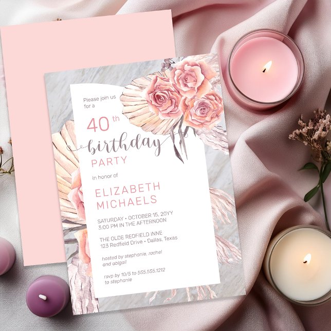 Convites Pampas Grass |Festa de aniversário de 40 anos de S (Pampas Grass & Pink Rose Blooms 40th Birthday Invitation - Print | Digital Download)