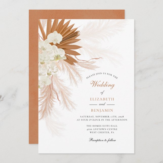 Convites Pampas Grass Floral Tan Wedding (Frente/Verso)