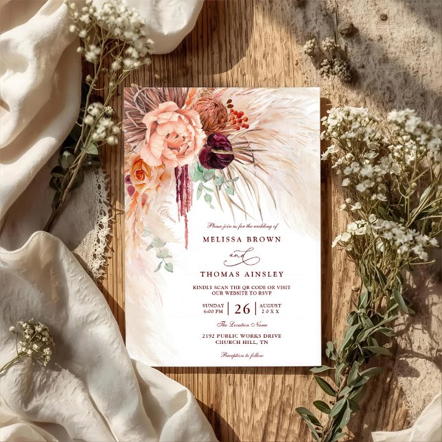 Convites Pampas Grass Floral Terracotta QR Code Wedding (Criador carregado)