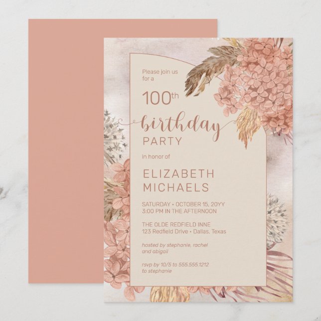 Convites Pampas Grass Hydrangea Blooms 100ª Festa de aniver (Frente/Verso)