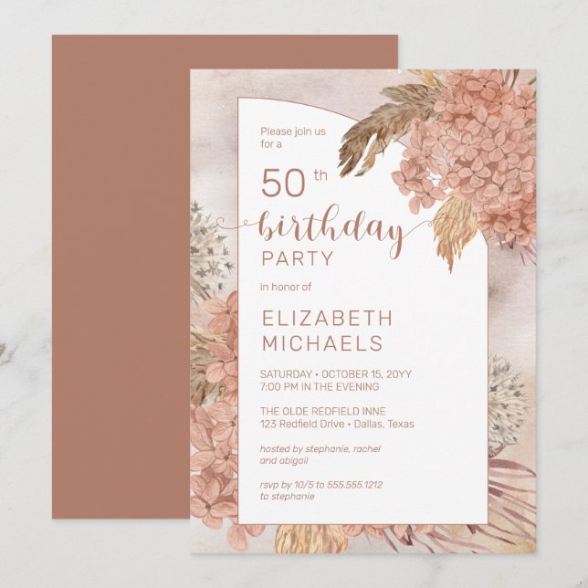 Convites Pampas Grass Hydrangeas Blooms 50ª Festa de aniver (Frente/Verso)