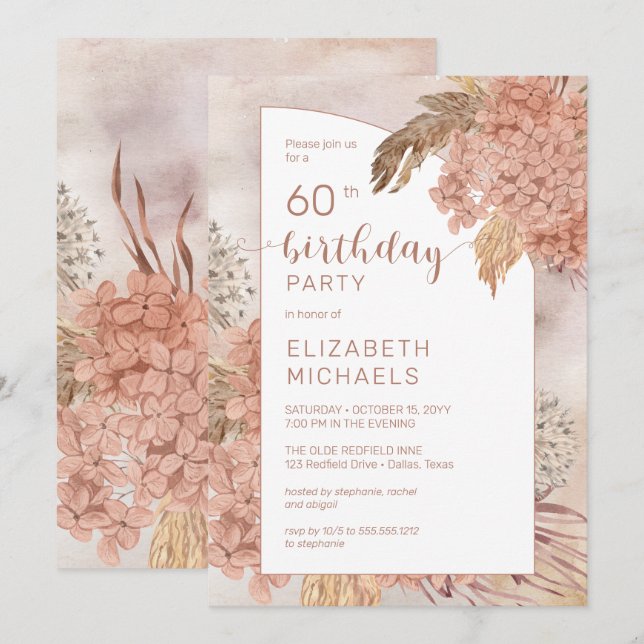 Convites Pampas Grass Hydrangeas Blooms 60ª Festa de aniver (Frente/Verso)