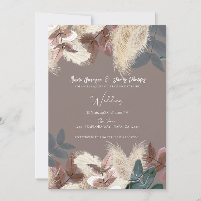 Convites Pampas Grass & Leaves Terthy Bohemian Casamento (Frente)