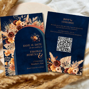 Convites Pampas Grass Navy Blue Salvar a Data QR Code