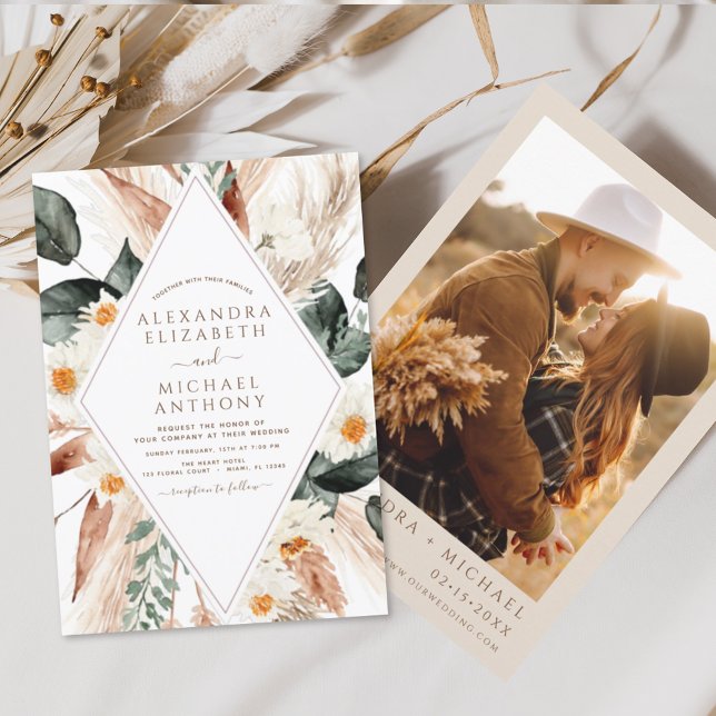 Convites Pampas Grass Photo Boho Bohemian Wedding Invitatio (Criador carregado)