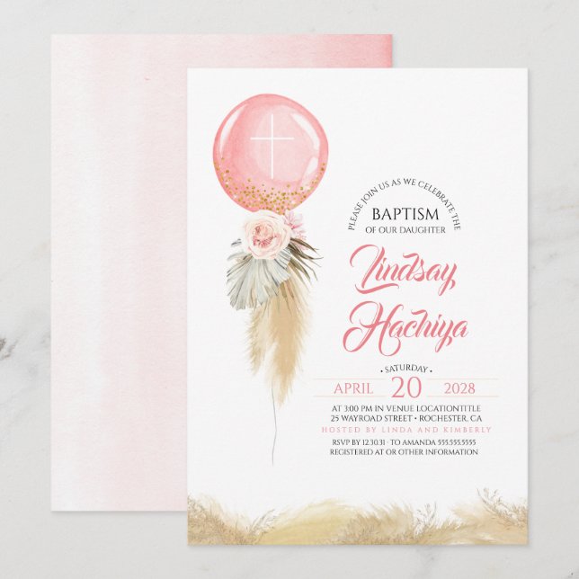 Convites Pampas Grass Pink Floral Balloon Baptism (Frente/Verso)