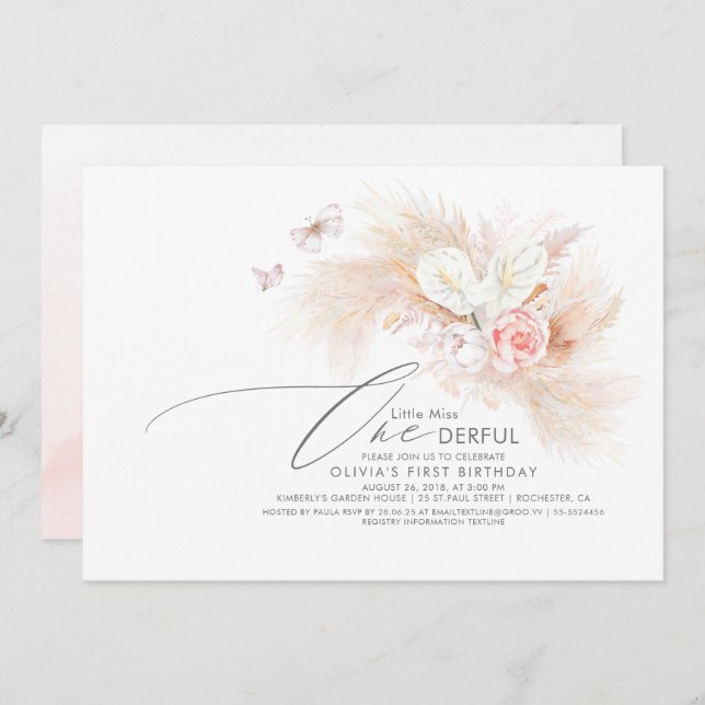 Convites Pampas Grass Pink Menina Maravilhosa Aniversário (Frente/Verso)