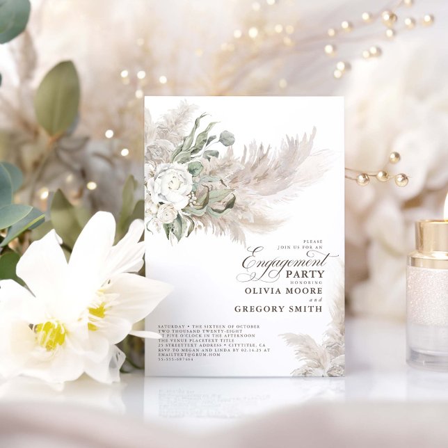 Convites Pampas Grass Sage Greenery Festa de noivado Floral (Boho Pampas Grass and Greenery Engagement Party Invitations)