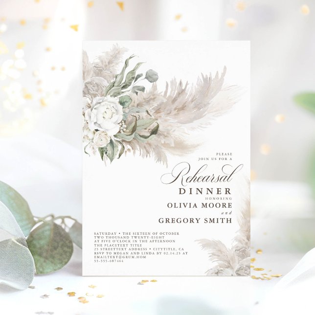 Convites Pampas Grass Sage Greenery Janto de Ensaio Floral (Pampas Grass and Eucalyptus Invitations)