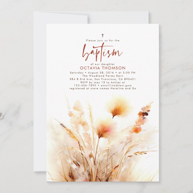 Convites Pampas Grass Terracotta Floral Fall Baptism (Frente)