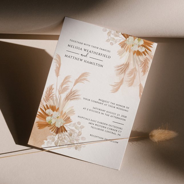 Convites Pampas Grass Terracotta Palmas Secas Botânicas (Pampas Grass Elegant Fall Wedding Invitation)