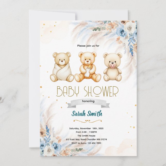 Convites Pampas Grass Triplet bear invitation (Frente)