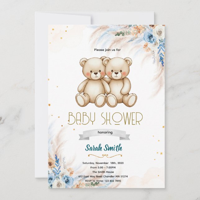 Convites Pampas Grass twins bear invitation (Frente)