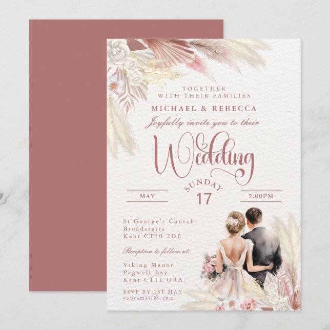 Convites Pampas Grass Wedding Modern Blush Pink, Terracotta (Frente/Verso)