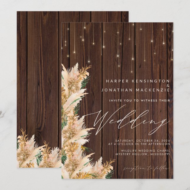 Convites Pampas Grass Wood Twinkle Luzes Boho Casamento (Frente/Verso)