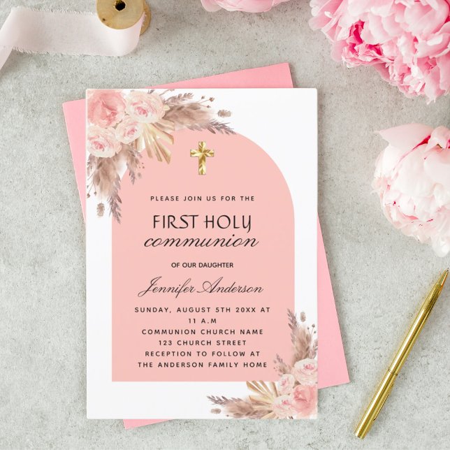 Convites Pampas rosa dourado cruz em primeiro lugar a comun (Criador carregado)