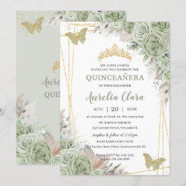 Convites Pampas Sage Green Floral Butterflies Quinceañera
