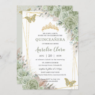 Convites Pampas Sage Green Floral Butterflies Quinceañera