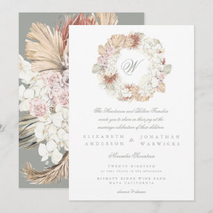 Convites Pampas Wreath Moss Sage Elegante Monograma Verde