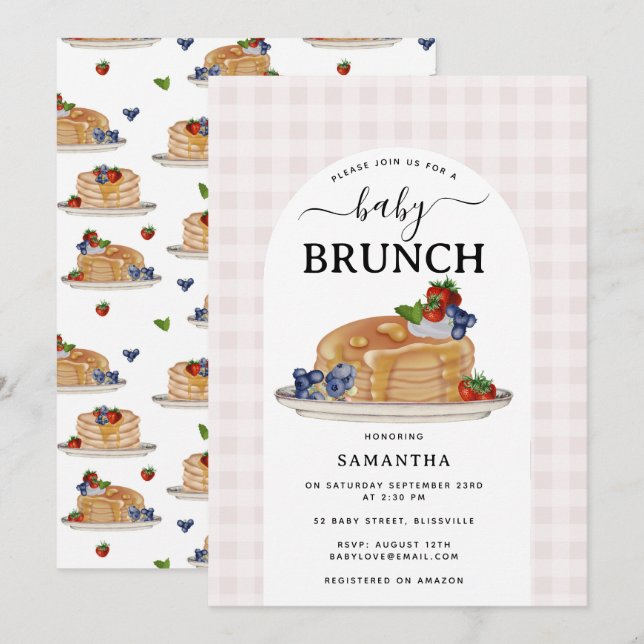 Convites Pancakes Berries Brunch Pink Plaid Baby Shower (Frente/Verso)