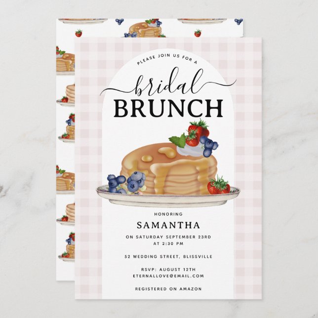 Convites Pancakes Berries Brunch Pink Plaid Bridal Shower (Frente/Verso)