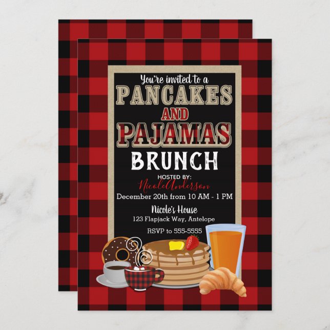 Convites Pancakes e Pajamas Brunch Xadrez Vermelha Buffalo (Frente/Verso)