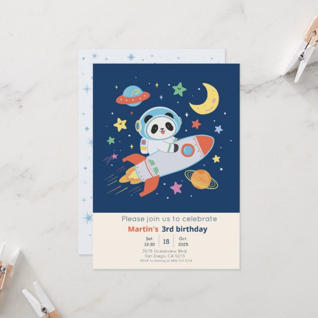 Convites Panda Astronauta laranja e azul (Frente/Verso In Situ)