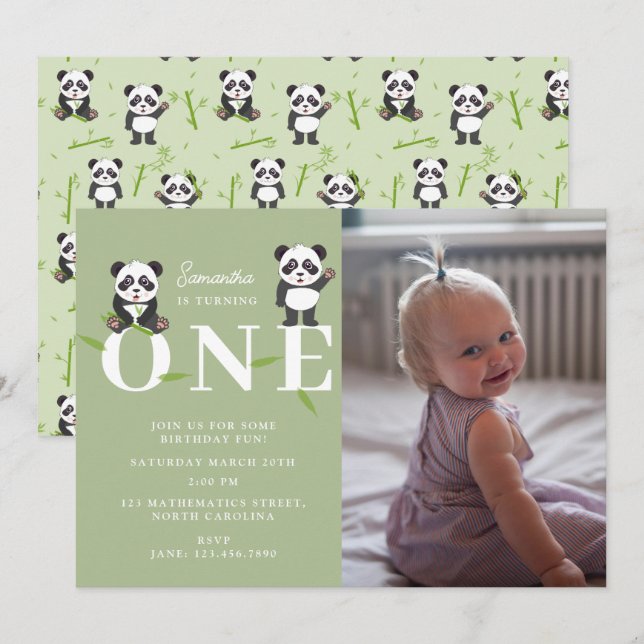 Convites Panda Bear Kawaii Kids First One Birthday Photo (Frente/Verso)