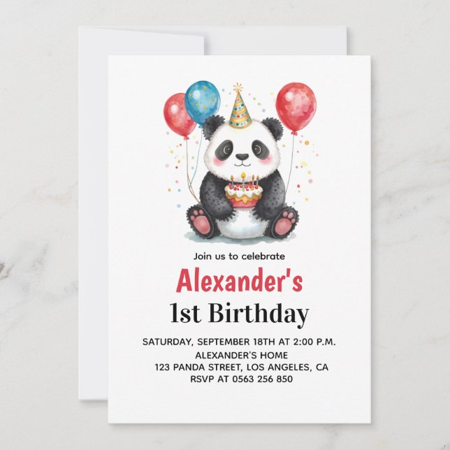 Convites Panda bonita com balões e primeiro aniversario de  (Frente)