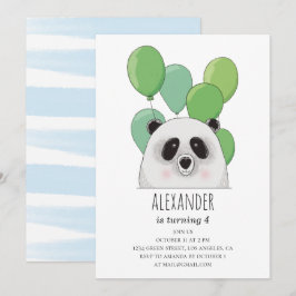 Convites Panda bonita. Festa de aniversário azul e verde