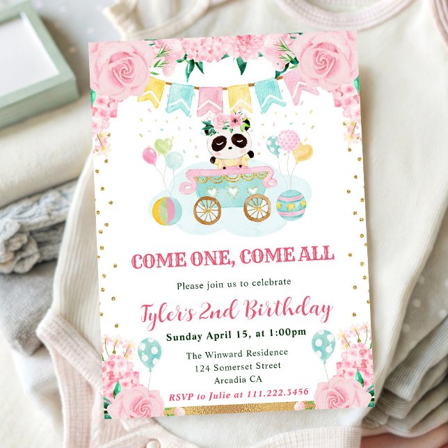 Convites Panda Flores Rosa Aquarela Aniversário de Crianças (Criador carregado)