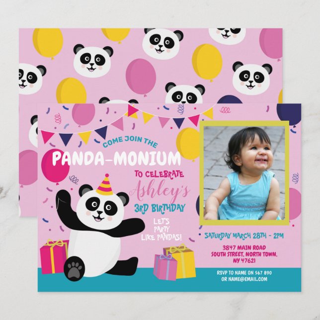 Convites Panda Party Birthday Panda-monium Photo Pink (Frente/Verso)