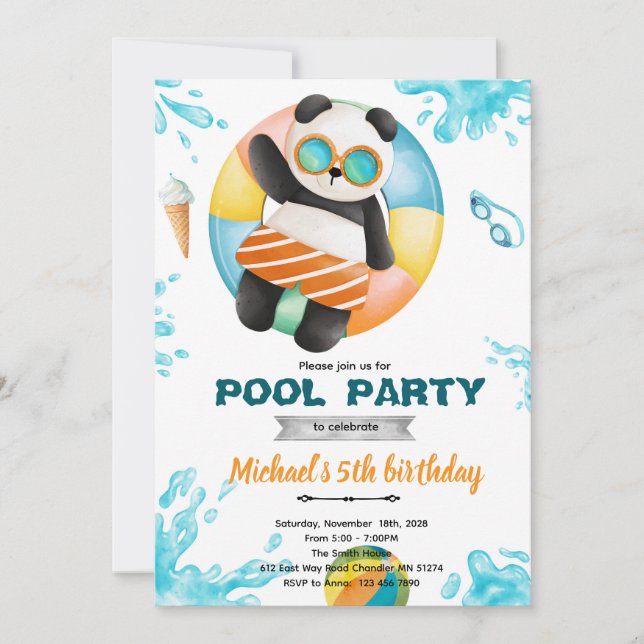 Convites Panda Pool Party Birthday Invitation (Frente)