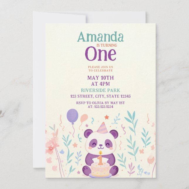 Convites Panda Roxa com primeiro aniversario de Cena de Jar (Frente)