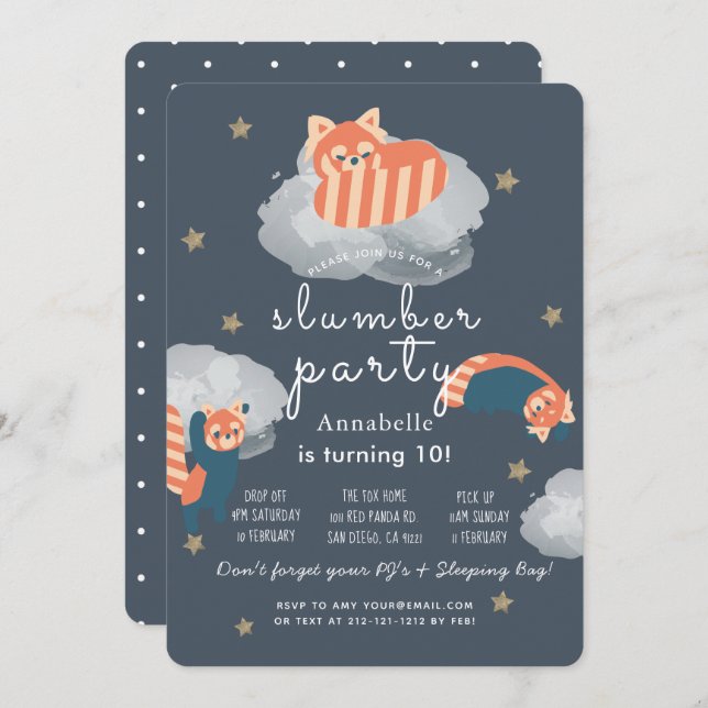 Convites Pandas Vermelhas - Estrelas e Nuvens - Festa de De (Frente/Verso)