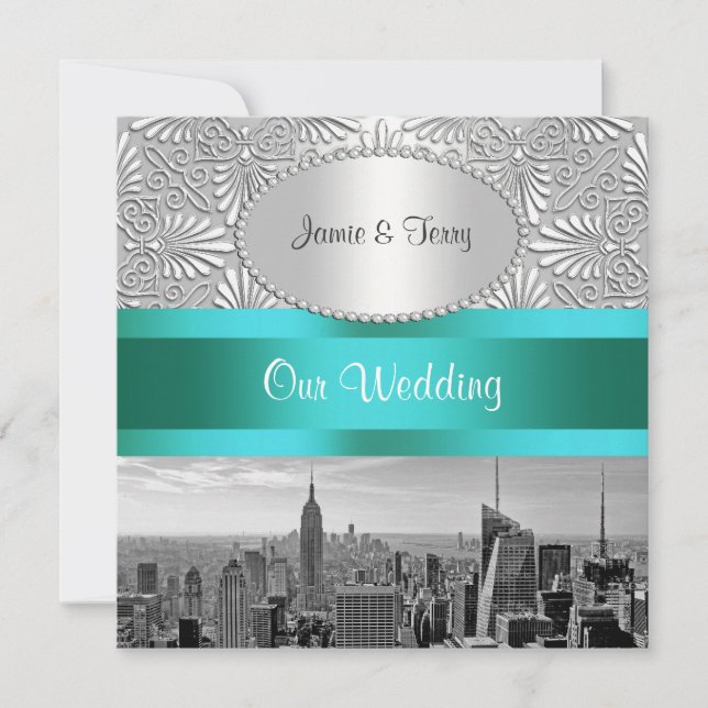 Convites Panorama da Cidade de Nova York BW Damask Casament (Frente)