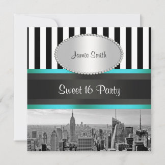 Convites Panorama da Cidade de NY BW Blk Wht Strp Teal P Fe