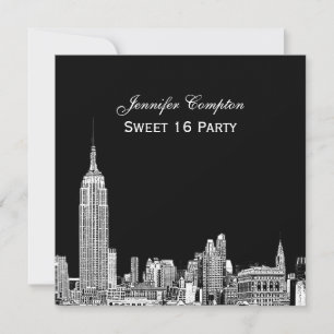 Convites Panorama de NYC 01 Gravado DIY BG Cor SQ Sweet 16