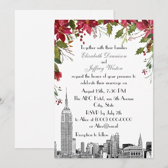 Convites Panorama de NYC ESB Etch Holly Poinsettia Casament (Frente/Verso)