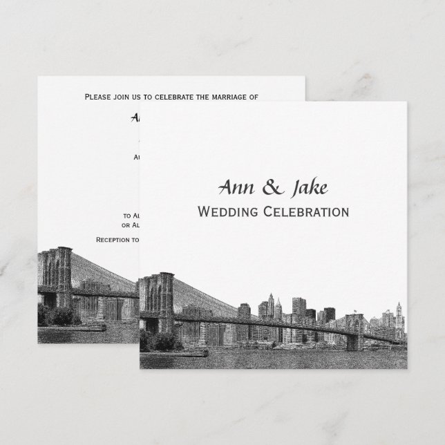 Convites Panorama de NYC Ponte Bklyn Gravada #2SQ Casamento (Frente/Verso)
