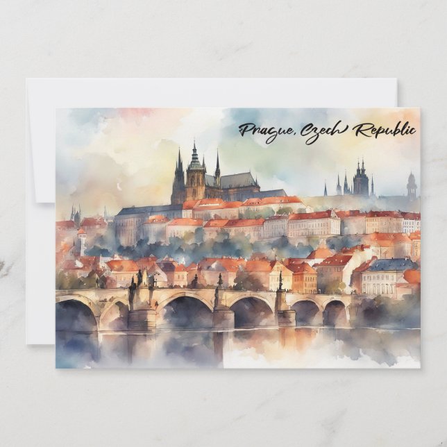 Convites Panorama de Praga República Tcheca em Aquarela (Frente)