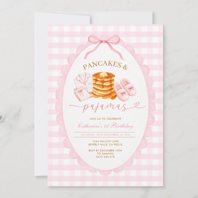 Convites Panquecas Cor-de-Rosa e Pijamas Terceiro Aniversár (Frente)