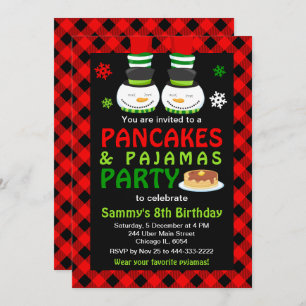 Convites Panquecas e Pijama Aniversário Xadrez Vermelha em