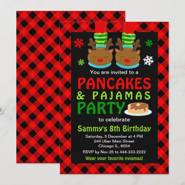 Convites Panquecas e Pijamas, Névoa de aniversário, Xadrez  (Frente/Verso)