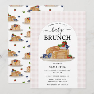 Convites Panquecas Frutas Vermelhas Brunch Xadrez Rosa Chá 